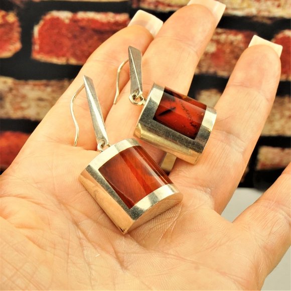 UNIQUE MODERNIST BIG AMBER STERLING DANGLE EARRINGS, GIFT FOR WOMEN - Picture 9 of 11